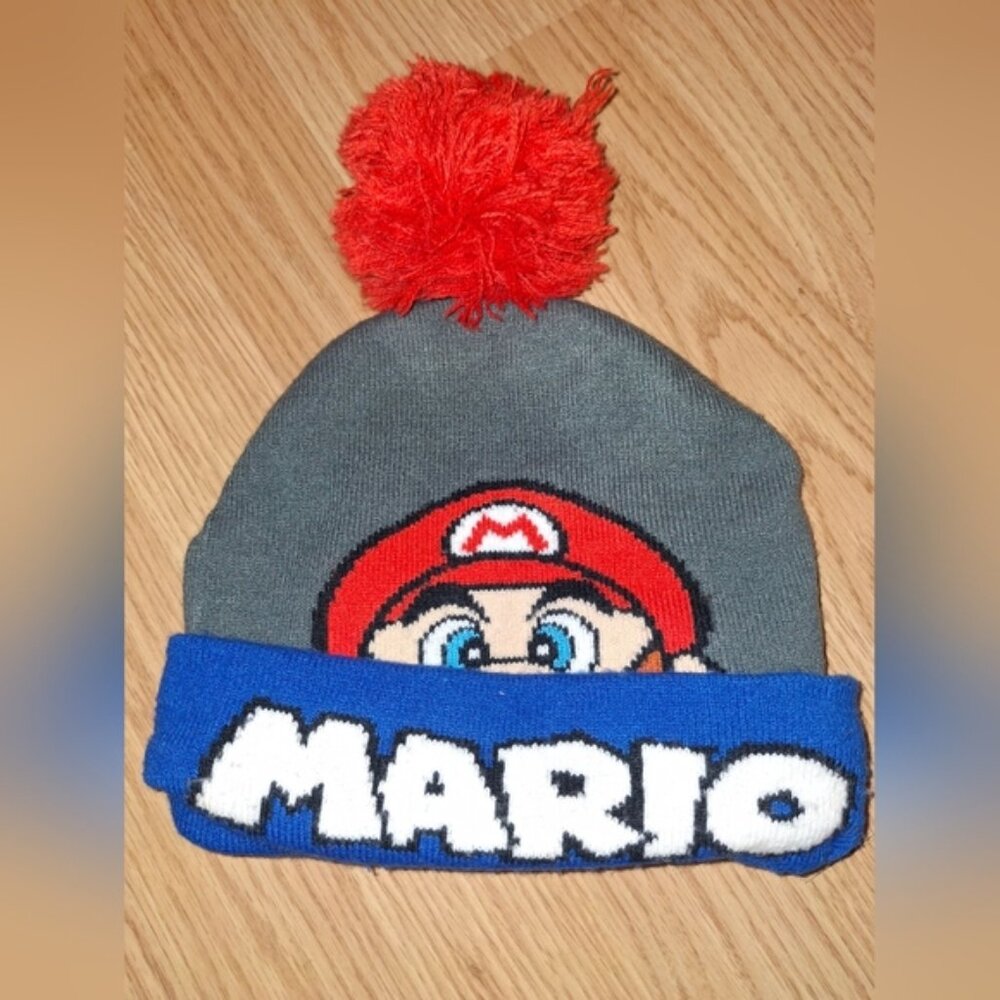 Beanie with Red Pom and Mario Design